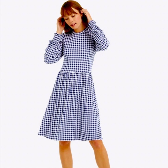 Draper James Dresses & Skirts - Draper James Kitty Navy Gingham Dress Ruffled Neck Long Sleeve Smocked Cuff Sz S
